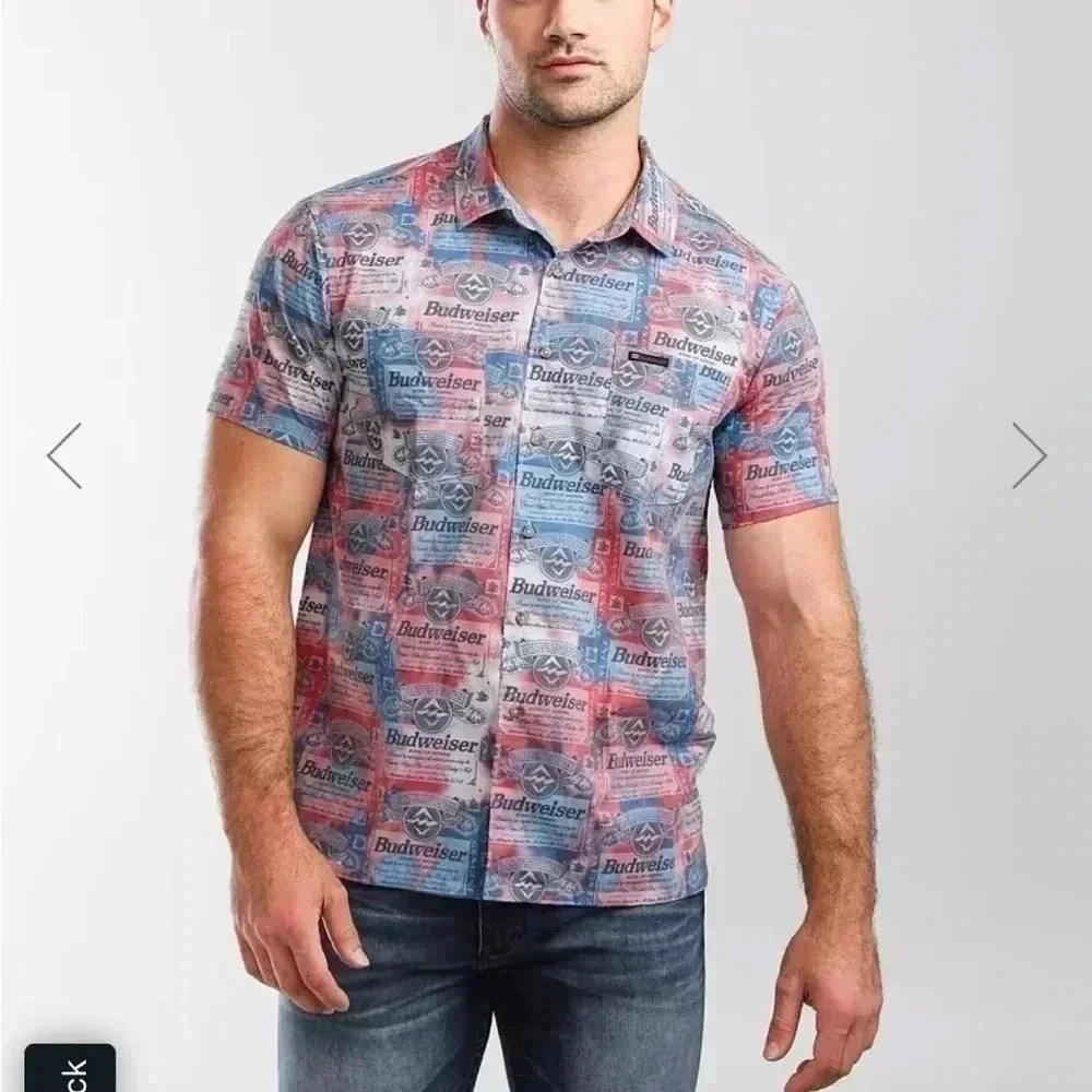 Billabong Red, Blue and White Graphic Short Sleeve Button-Down Shirt